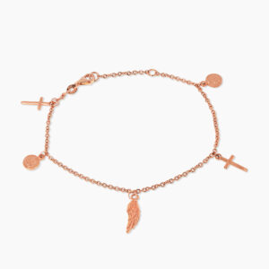 18ct rose gold cross, medallion and feather charm rosary bracelet