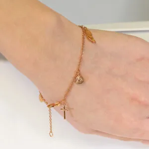 18ct rose gold cross, medallion and feather charm rosary bracelet