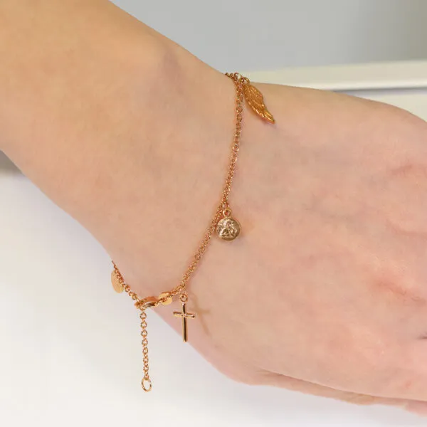 18ct rose gold feather charm rosary bracelet