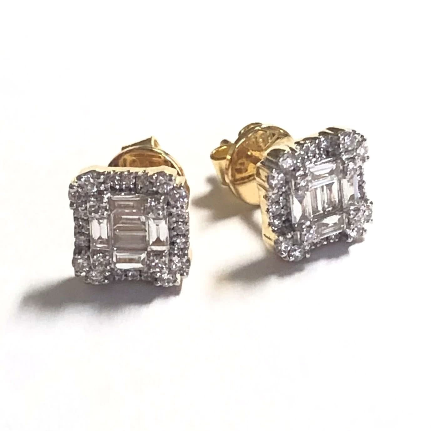 18ct yellow gold baguette & round brilliant cut diamond stud earrings