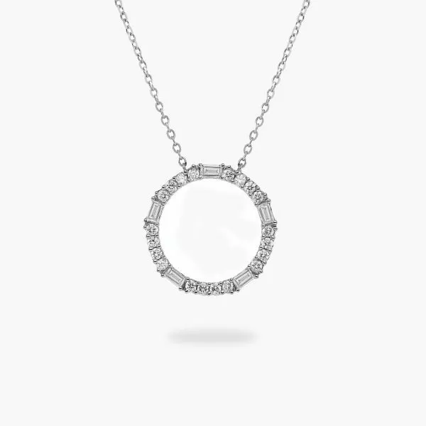 18ct white gold baguette and round diamond circle necklace