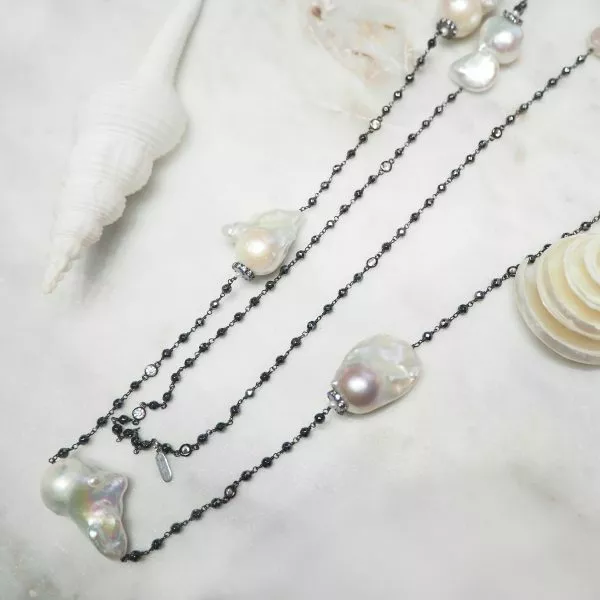 Baroque fresh water pearl hemitite beads & black rhodium silver necklace