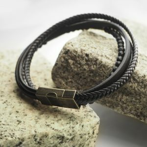 Black leather hematite antique plated stainless steel bracelet