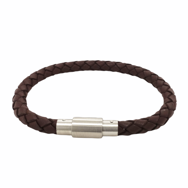 Platted brown leather and stainless steel mens bracelet | Cerrone