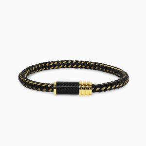 Stainless steel Gold/Black leather cable carbon fibre mens bracelet