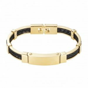 Polished Ion plated gold, stainless steel and platted double strand black leather mens bracelet