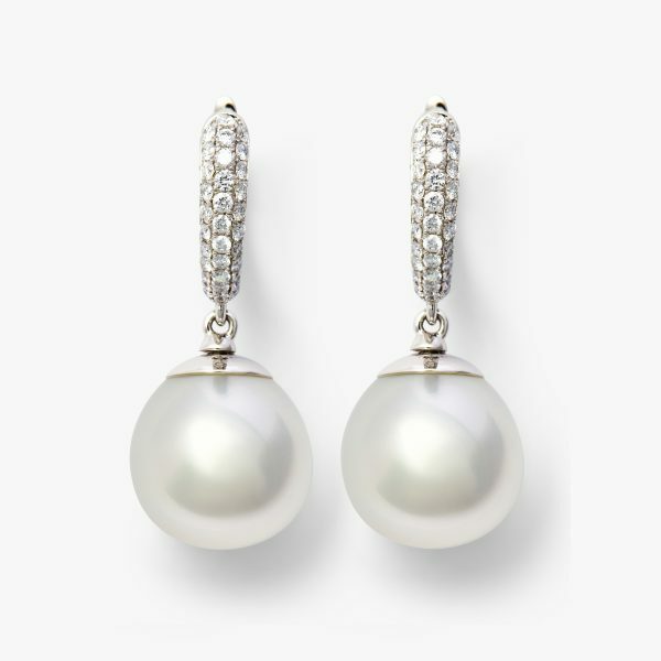 18ct white gold South Sea Pearls and pave diamonds drop earrings