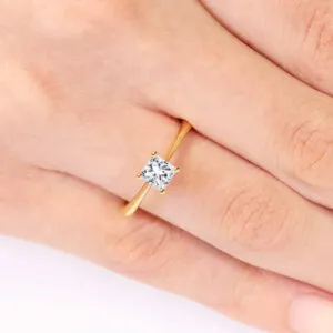 18ct yellow gold 1.02ct K SI1 cushion cut diamond solitaire ring