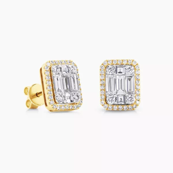 18ct yellow gold baguette & round diamond emerald shape stud earrings