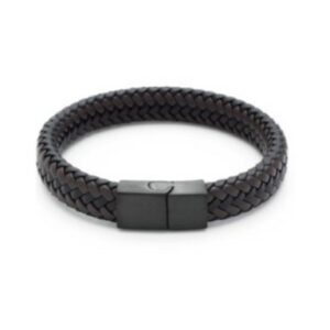 Black/Brown Leather Ion Plated Black Steel Mens Bracelet