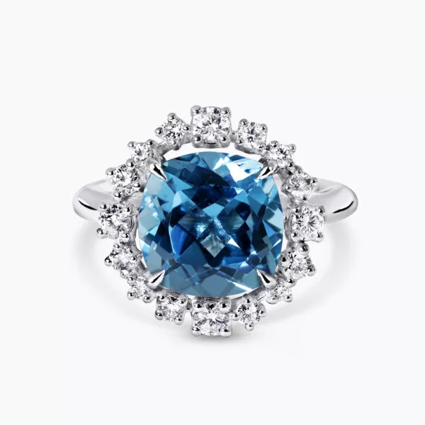 18ct white gold cushion cut Swiss blue topaz and diamond ring