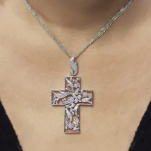 18ct White Gold pave and bezel set diamond cross necklace