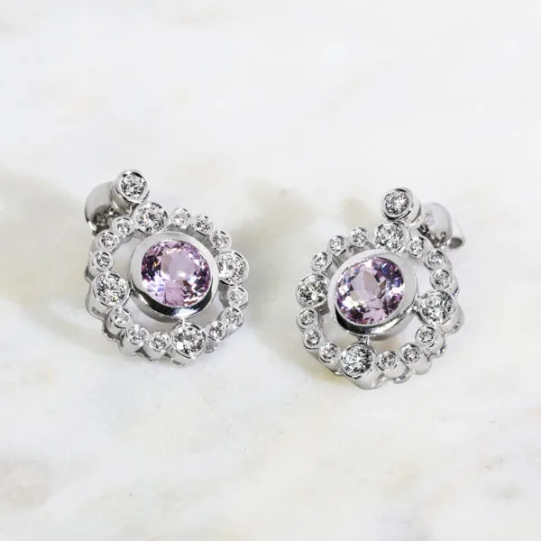 18ct White Gold bezel set Kunzite and Diamond Earrings