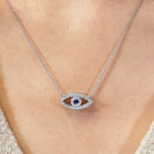 18ct white gold sapphire and diamond evil eye necklace