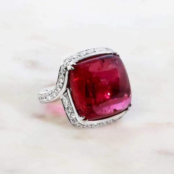 18ct white gold 20.95ct cushion cut rubelite and diamond ring