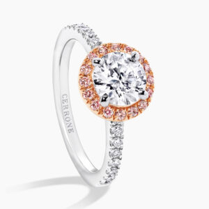 18ct white & rose gold round diamond ring with Argyle pink diamond halo