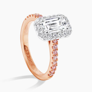 18ct rose & white gold emerald cut GIA diamond ring with Argyle Pink Diamond band