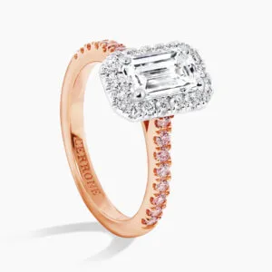 18ct rose & white gold emerald cut GIA diamond ring with Argyle Pink Diamond band