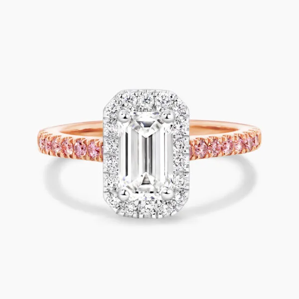 18ct rose & white gold emerald cut GIA diamond ring with Argyle Pink Diamond band