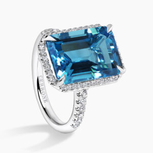 18ct white gold emerald cut Swiss blue topaz and diamond ring