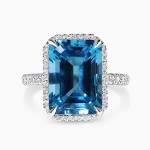 18ct white gold emerald cut Swiss blue topaz and diamond ring