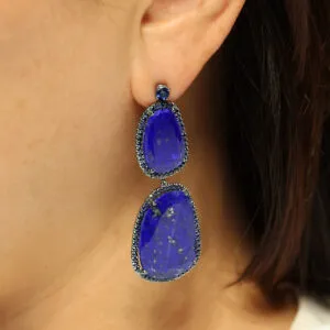 18ct white gold lapis lazuli, blue sapphire & black diamond drop earrings