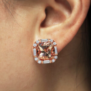 18ct rose gold cushion cut morganite and diamond earrings