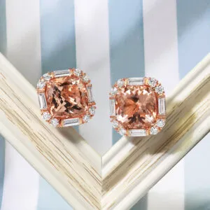 18ct rose gold cushion cut morganite and diamond earrings