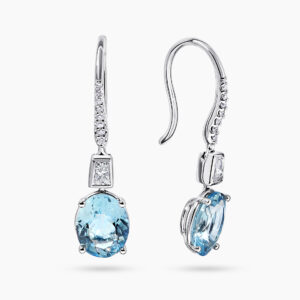 18ct white gold oval aquamarine and diamond hook earrings