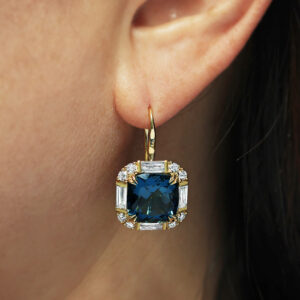 18ct yellow gold london blue topaz & diamond drop earrings