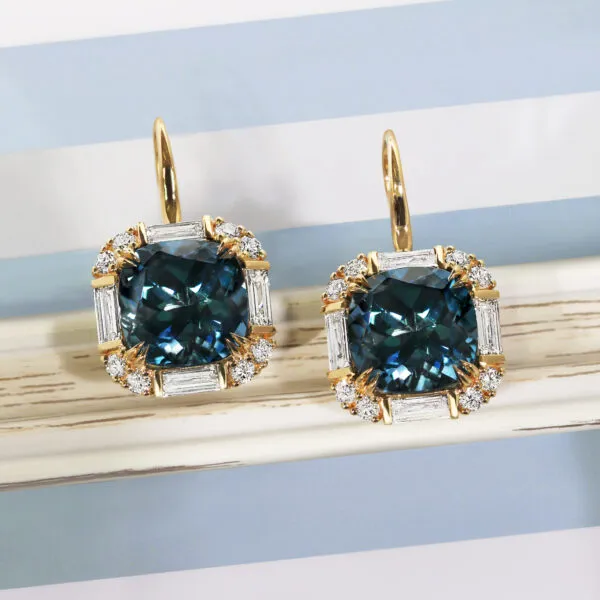 18ct yellow gold london blue topaz & diamond drop earrings