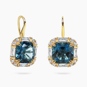 18ct yellow gold london blue topaz & diamond drop earrings