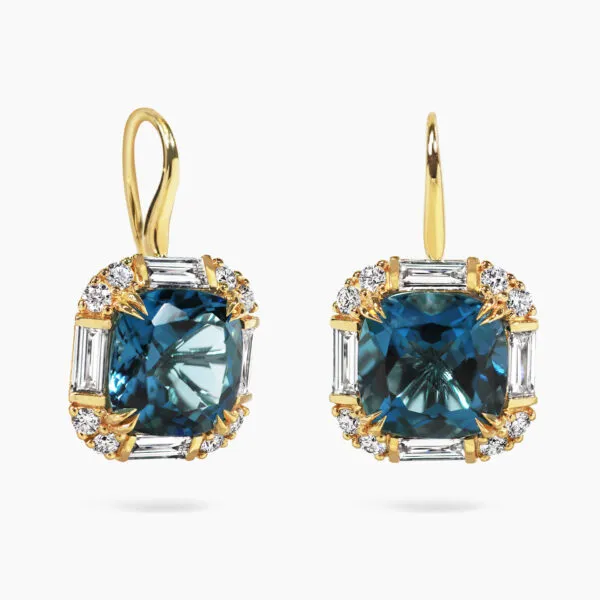 18ct yellow gold london blue topaz & diamond drop earrings