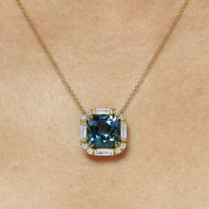 18ct yellow gold cushion cut london blue topaz and diamond necklace