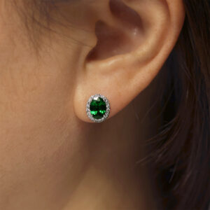 18ct white gold oval tsavorite and diamond halo stud earrings