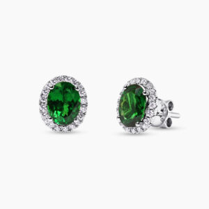 18ct white gold oval tsavorite and diamond halo stud earrings