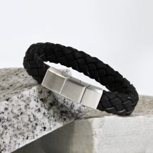 Braided Black Suede Italian Leather and Brushed Stainless Steel mens Bracelet