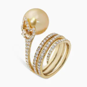 18ct Yellow Gold Diamond & Golden South Sea Pearl Ring