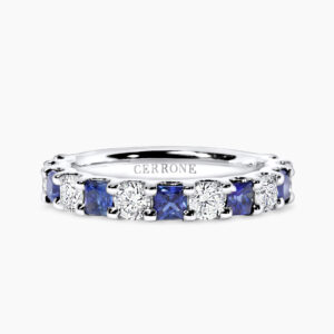 18ct white gold princess cut sapphire and round diamond ring