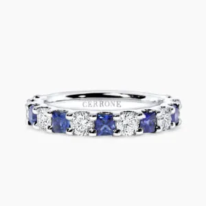 18ct white gold princess cut sapphire and round diamond ring