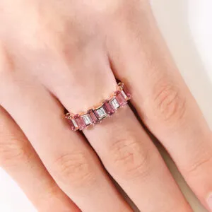 18ct rose gold diamond and emerald cut pink sapphire ring