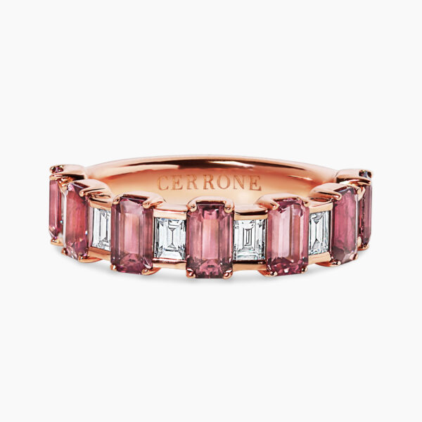 18ct rose gold diamond and emerald cut pink sapphire ring