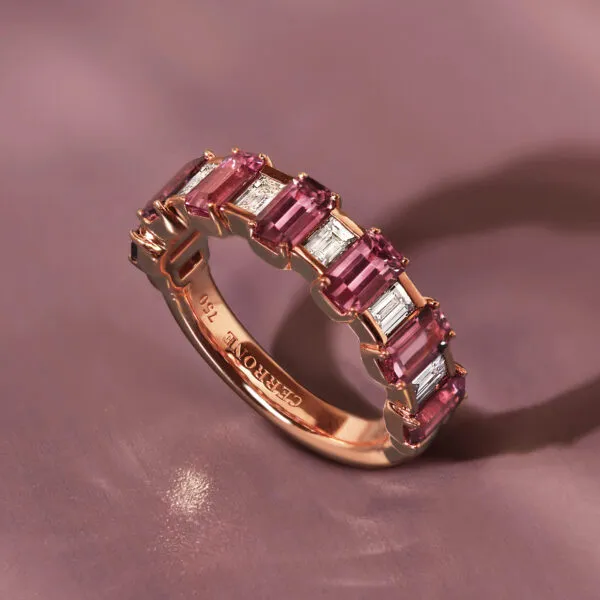 18ct rose gold diamond and emerald cut pink sapphire ring