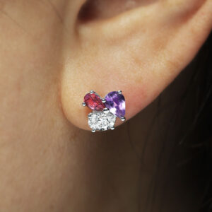 18ct white gold diamond, pink topaz & amethyst stud earrings