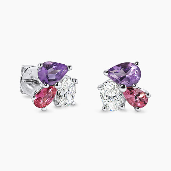 18ct white gold diamond, pink topaz & amethyst stud earrings