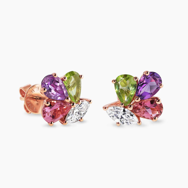 18ct rose gold pink tourmaline, amethyst & peridot stud earrings