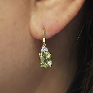 18ct yellow gold lemon quartz and diamond hook earrings