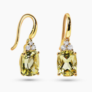 18ct yellow gold cushion cut lemon quartz and diamond hook earrings