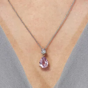 18ct white gold pear kunzite and diamond necklace