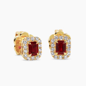 18ct yellow gold emerald cut ruby and diamond stud earrings